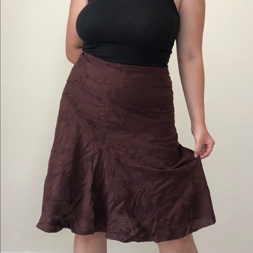 Floral Embroidered Brown Midi Skirt